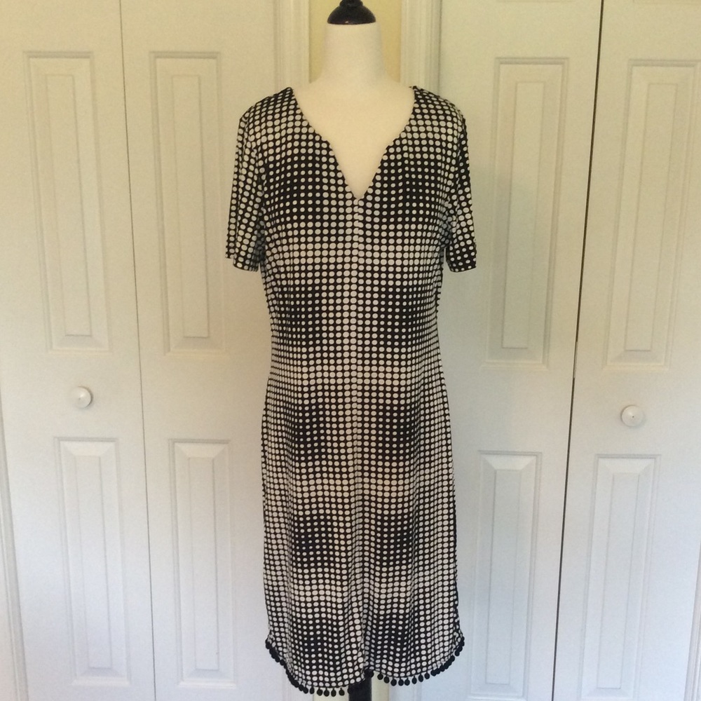 Tiana B. Geometric dot dress with Pom Pom hem